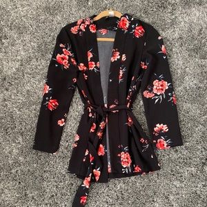Black floral tied kimono